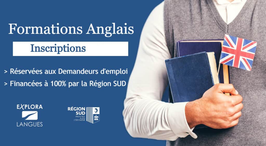 Comme chaque année, EXPLORA LANGUES est partenaire de la Région PACA dans le cadre du Plan Régional de Formation. Ce plan offre à tout demandeur d’emploi la possibilité de suivre des formations en ANGLAIS PROFESSIONNEL pour faciliter le retour à l’emploi.