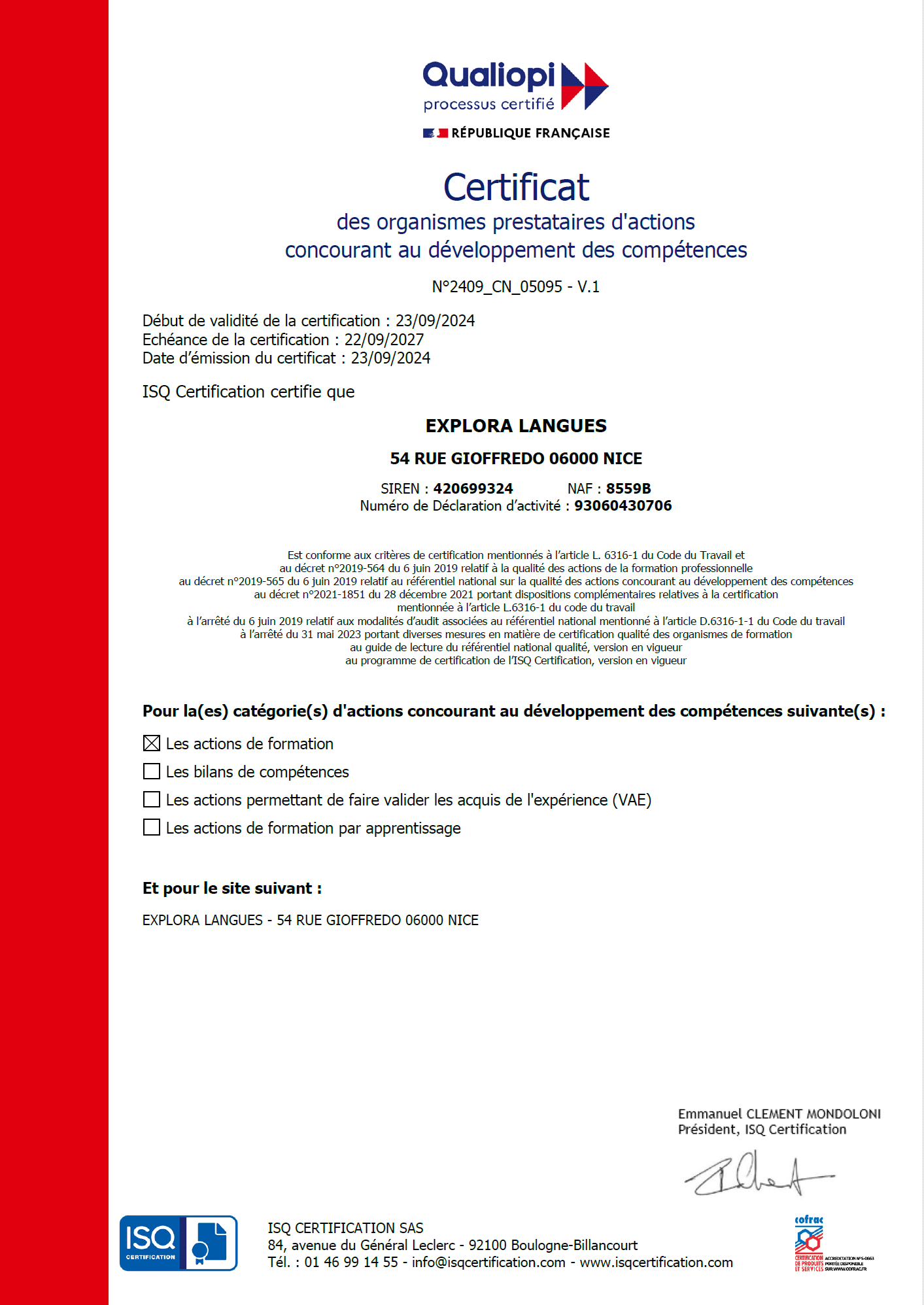 Certificat Qualiopi - EXPLORA LANGUES - 2409_CN_05095 | Qualité & Handicap